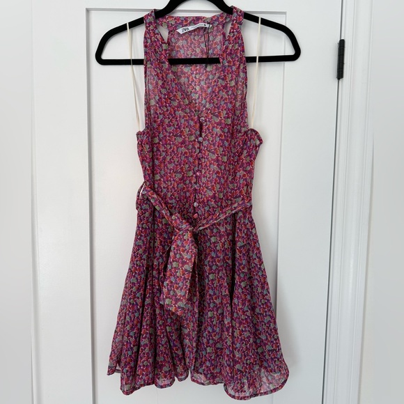 ZARA Floral Tie Waist Mini Dress Pink Multicolor Romantic - Picture 5 of 10